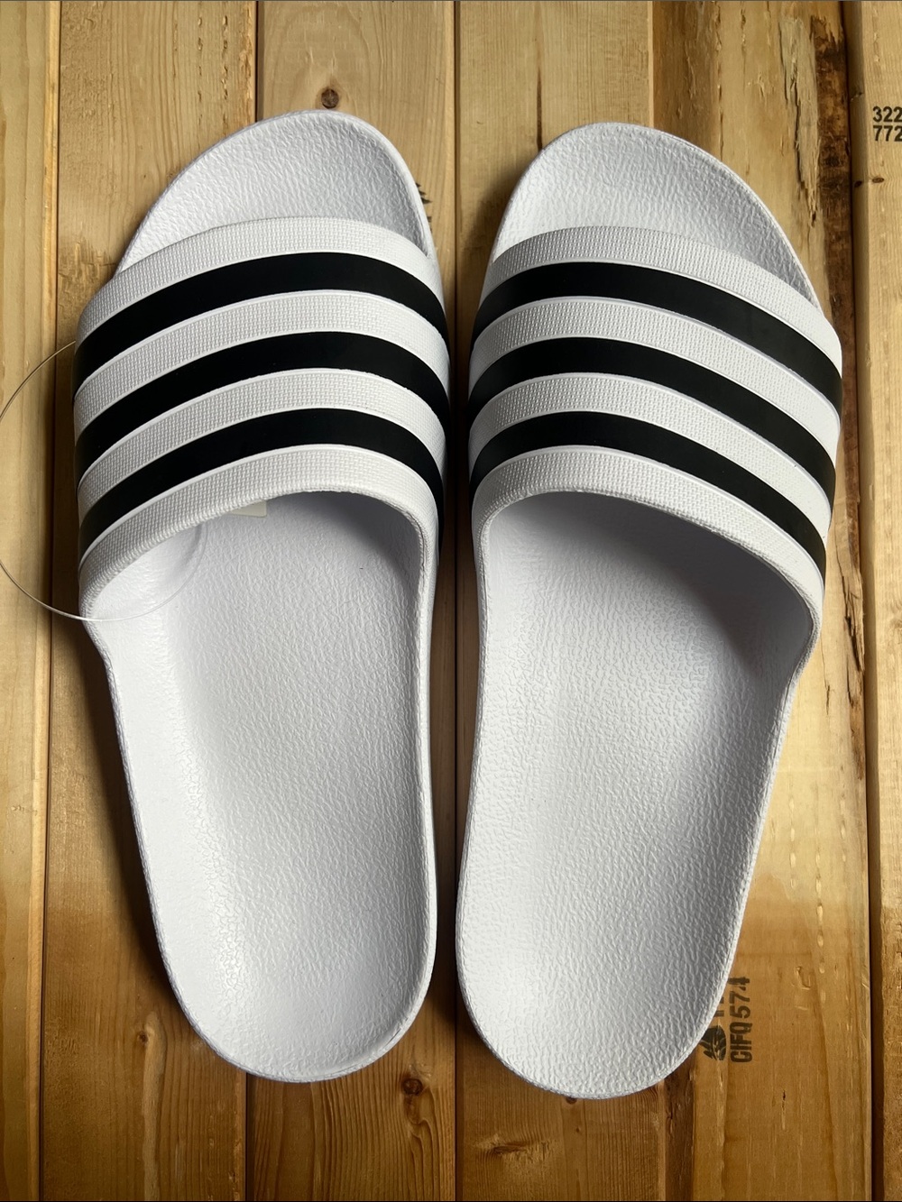 Adidas White Slide Sandals with Black Stripes